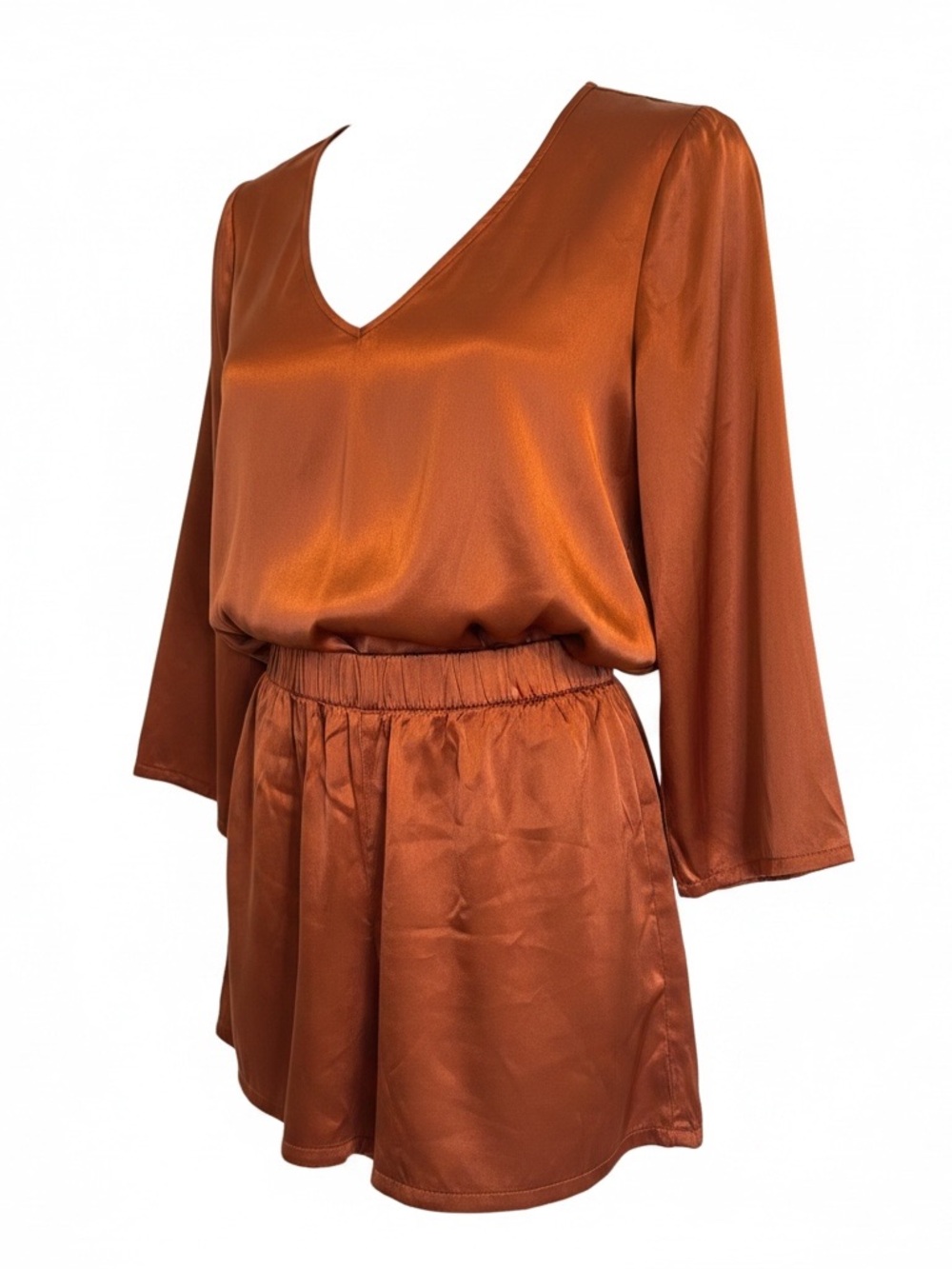 Michael Stars Satin Shorts & 3/4 Sleeve Top Set in Rust/Copper Medium